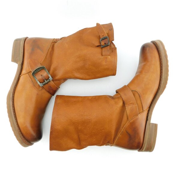 FRYE Cognac Brown Soft Leather Buckled Slouch Moto Boots 7.5 - Picture 4 of 9